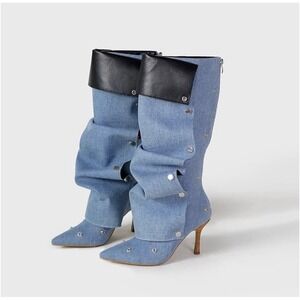 Denim Snap Embellished Knee High Stiletto Boots Light Wash Pointed Toe Size US 6